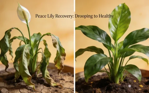 Before and after photos showing peace lily recovery from drooping to healthy