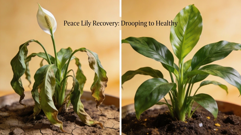 Before-and-after of a peace lily recovering from drooping to healthy