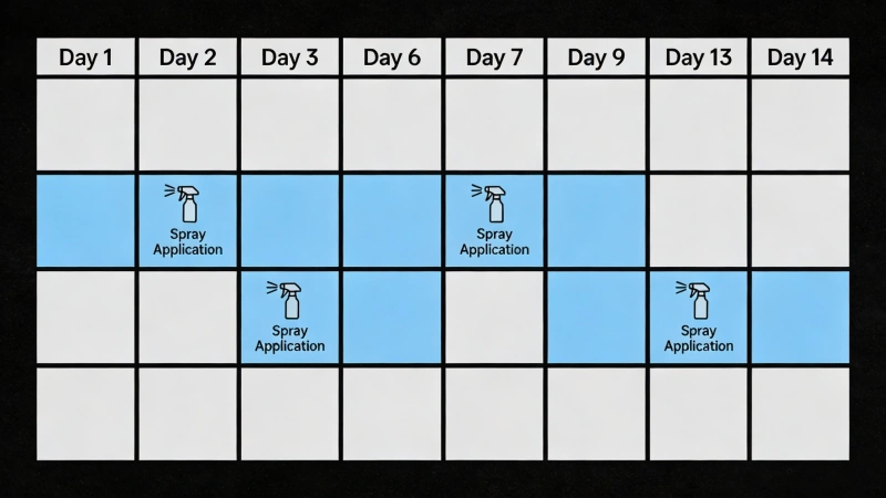 Treatment schedule calendar showing spray applications every 3 days for 2 weeks