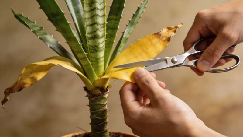 Using clean scissors to cut a yellow leaf from a snake plant at the base
