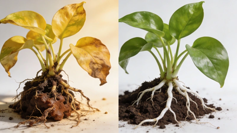 Golden Pothos before and after root rot treatment showing recovery