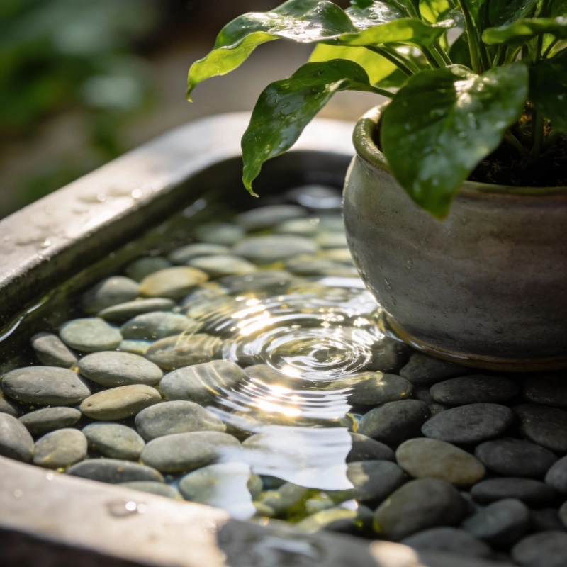Potted plant on a pebble tray filled with water to increase humidity