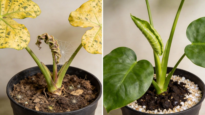 Before and after photos showing Alocasia plant recovery from spider mite damage
