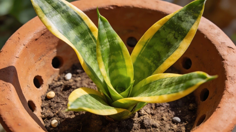 Healthy thriving snake plant in a terracotta pot with proper drainage