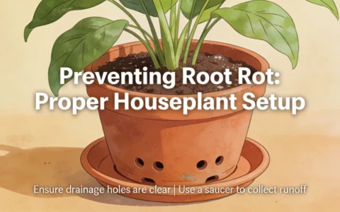 Correct houseplant setup with terracotta pot drainage holes and saucer for preventing root rot
