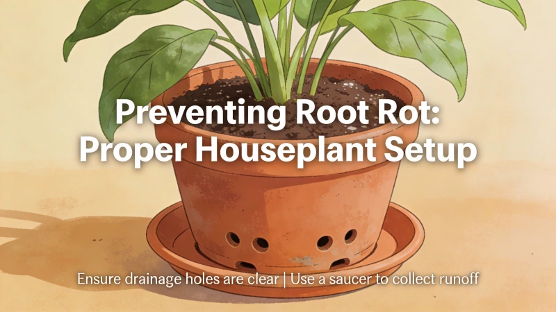 Correct houseplant setup with a terracotta pot, drainage holes and saucer to prevent root rot