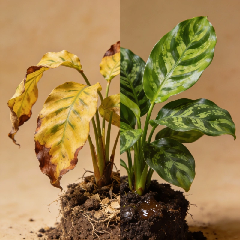 Prayer plant before and after recovery showing transformation from dying to healthy