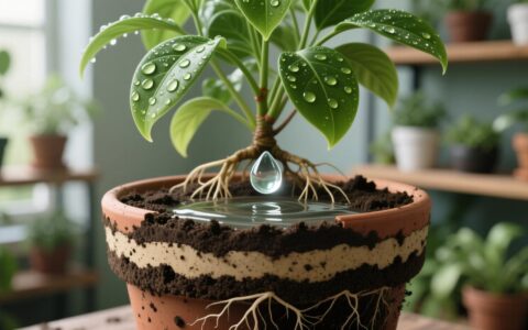 Cutaway of a houseplant pot without drainage holes showing a dry-looking soil surface, moist lower soil, and water collected at the base.