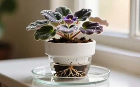 A potted African violet standing in a shallow tray of water for bottom watering.