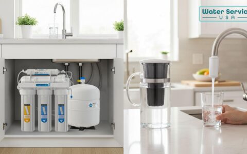 A countertop carbon water filter pitcher beside a dedicated reverse osmosis faucet in a home kitchen.