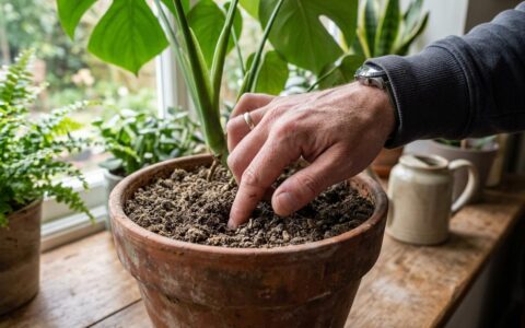 A hand checking the potting mix of a houseplant beside other indoor plants and a watering can before vacation.