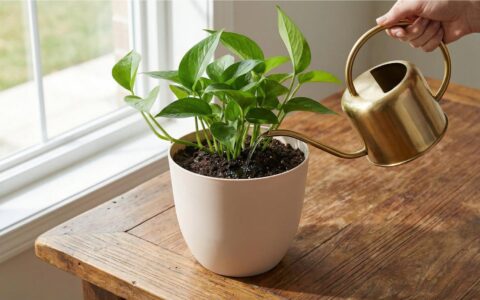 A person watering a potted pothos with a narrow-spout watering can directed at the soil.