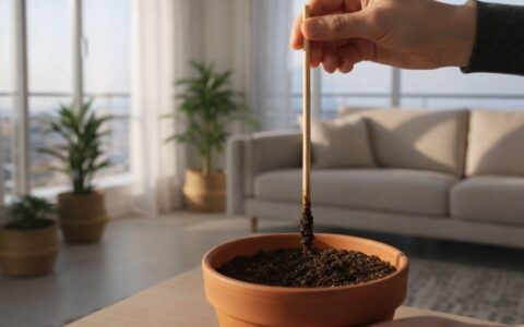 Two wooden skewers beside a deep houseplant pot, one with potting mix clinging to its lower end and one relatively clean.